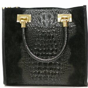 Italian Leather Handbag, Black Suede and Crocodile-Embossed (Brand New)